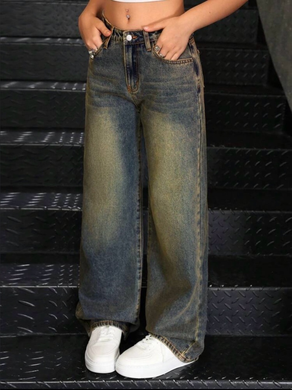 SHEIN Two-Tone Mustard Washed Wide Leg Jeans
